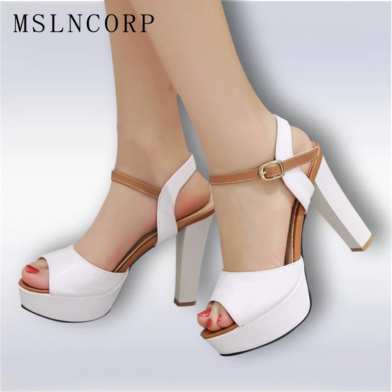 

Office & Career Fashion peep toe pumps spikes Rubber sole Square heel sexy super high heel platforms sandals Large size shoes