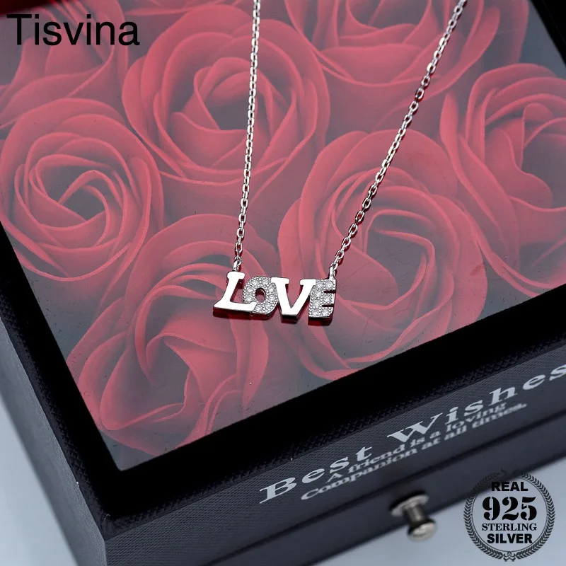 

Tisvina Love letter Necklace for women 100% 925 Sterling Silver jewelry Choker Chain Pendant Necklace Christmas gift Fashion