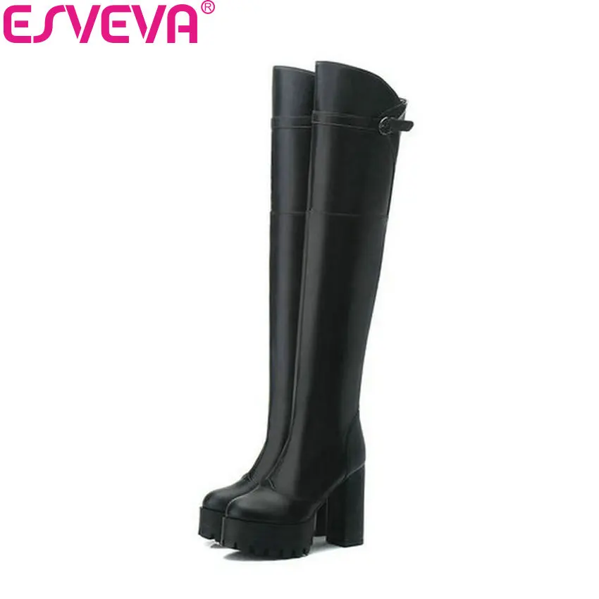 

ESVEVA 2018 Women Boots Platform 3cm Buckle Short Plush Round Toe Over The Knee Boots Square High Heel Ladies Boots Size 34-43