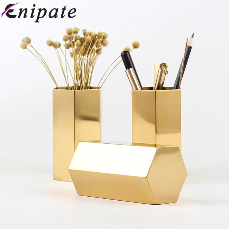 

Enipate Nordic Style Hexagon Pencil Holder Insert Flower Vase Pen Holder Golden Flower Vase Stainless Steel Make Up Brush Holder