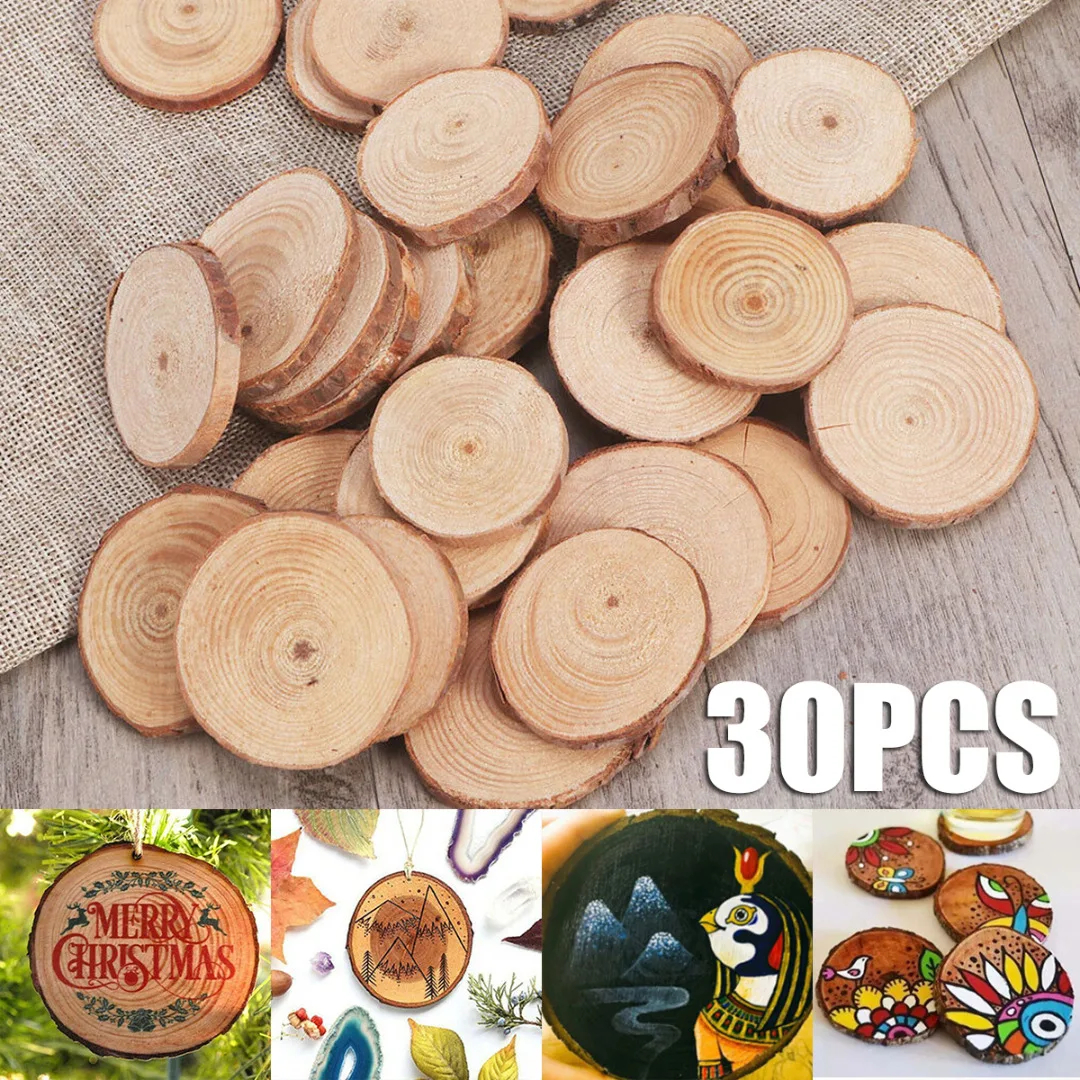 30pcs Natural Pine Wood Log Slices Round Slices Wedding Party DIY Crafts Decor Hand-painted Material Pyrography Ornament 3-4cm