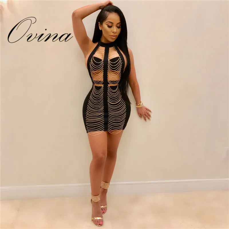 

Chic Dress Halter Sleeveless Chain Hollow Out Backless Mini Bandage Dress Night Party Dress