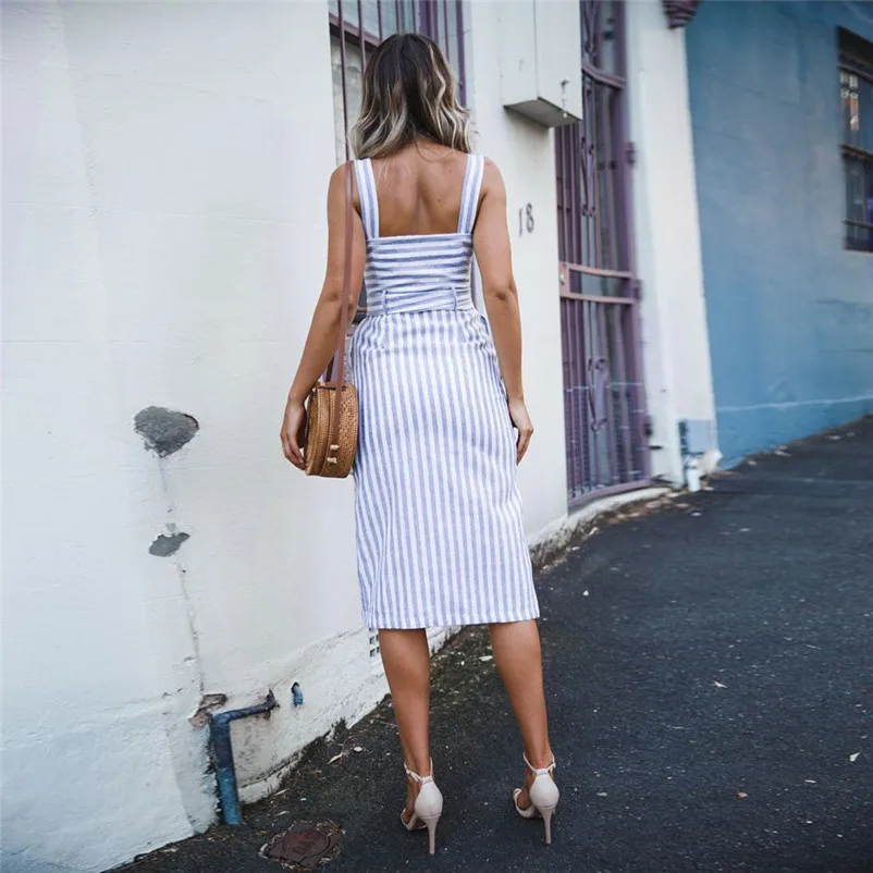 HOT summer dress 2018 beach dress Womens Striped Long Boho Dress Lady Beach Summer Sundrss Button Down Maxi Dress elbise J19#N (3)
