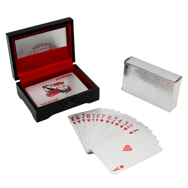 Koop Hot Verzilverd Speelkaarten Poken Volledige Dek van 54 Kaarten incl 2 Joker Kaarten Met Certificaat amp; Zwarte Houten Doos Beste geschenken