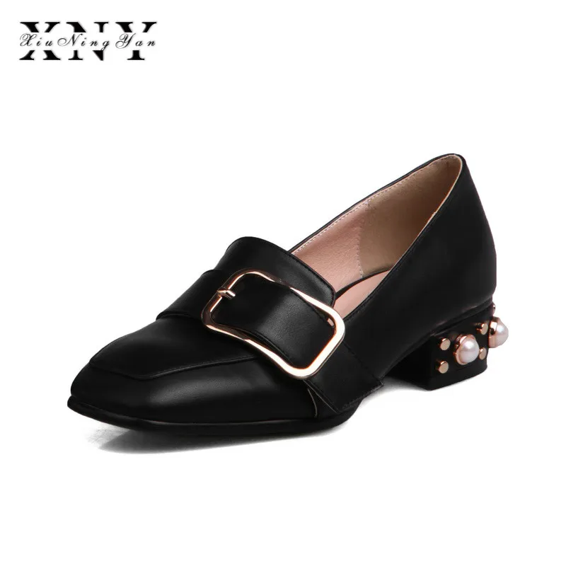 

XIUNINGYAN Women Flats Low Heel Square Toe Buckle Pearl Spring Dress Party Shoes Plus Size 32-48 Black White Loafers For Lady