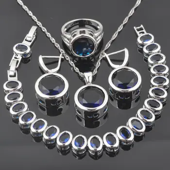 

Christmas Gifts Blue Zircon Round Silver Color Jewelry Sets for Women Earrings Rings Necklace Pendant Birthday Gift QS0371