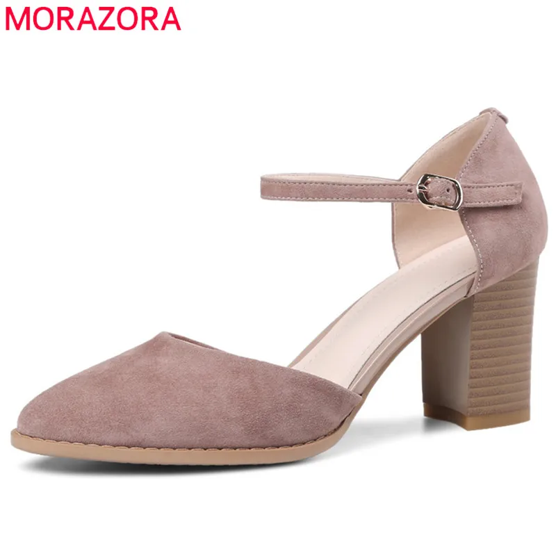 

MORAZORA 2018 top quality suede leather ladies shoes pointed toe summer shoes simple buckle women pumps square high heels shoes