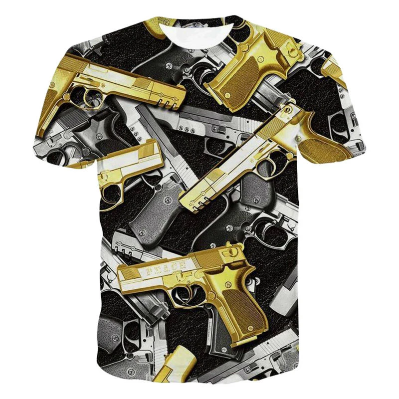 Cool Design 3d Printed T Shirts Black Gold Gangsta Gun Pattern Camisetas Hip Hop Style New Fashion Tees Summer Tops Men T Shirt Designer Mens T Shirts Mens Designer T Shirtsmen Fashion T Shirt