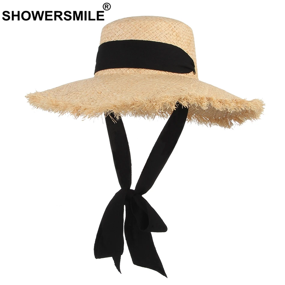 SHOWERSMILE женская летняя шляпа рафия пляжная шляпа женский ручной Защита от солнца большой полями 12 см Ретро черная лента женская соломенная
