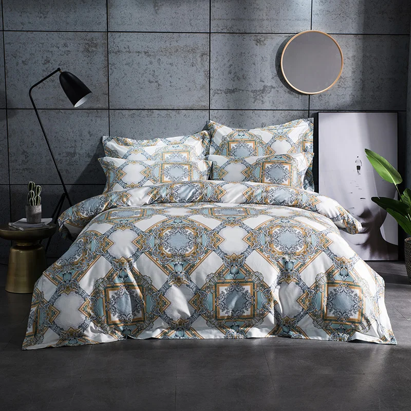 

Egyptian Cotton print Boho Bedding Set 4pcs Quilt Cover Blue Geometric Duvet Cover Queen King Pillow Case