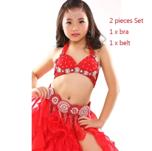 Костюмы для танца живота, для девочек, для детей, для восточных танцев, расшитый бисером бюстгальтер, пояс, сексуальное индийское платье, детские танцевальные костюмы для выступлений - Цвет: Red bra belt