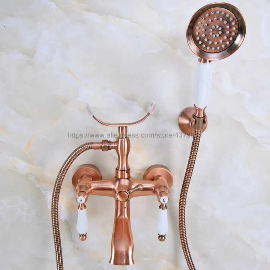 Antique Red Copper Bath Tub Faucet Ceramic Handle Handheld