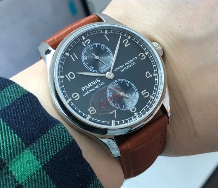 

Sapphire crystal 43mm PARNIS power reserve Automatic Self-Wind Mechanical movement black dial men's watch pa108-p8