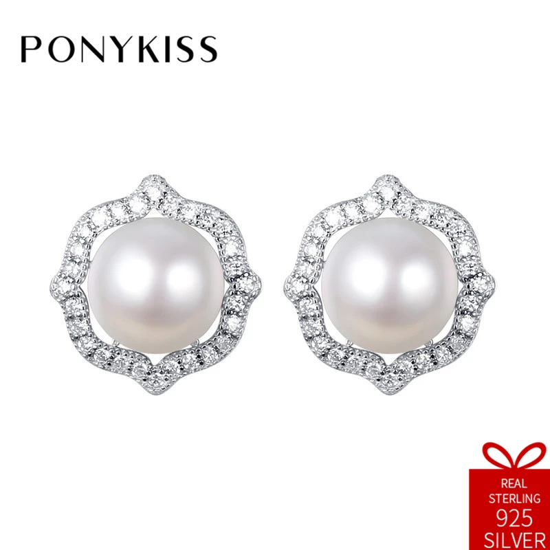 

PONYKISS Romantic S925 Sterling Silver Minimalist Pearl Geometric Stud Earrings Women Prevent Allergy Fine Jewelry Wedding Gift