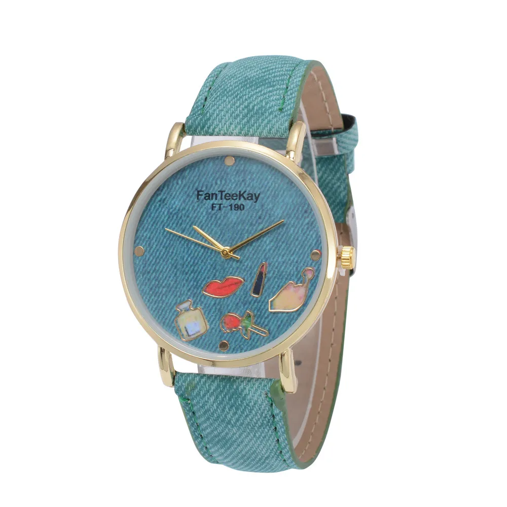 

FanTeeDa New Fashion Women Cowboy Alloy Analog Quartz Lipstick flowers Pattern dial Unique ladies wrist watches Montre Femme 40Q