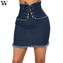 Женская юбка, юбки, летняя женская мода, высокая талия, однотонная, повседневная, джинсовая, облегающая, на шнуровке, короткая, джинсовая юбка, 19 мая 15