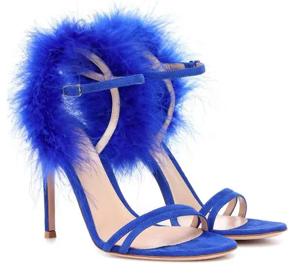

Newest Super Quality Thin Heels Lady Sandals Sexy Buckle Strap Fur High Heel Sandals Fashion Suede Blue Shoes