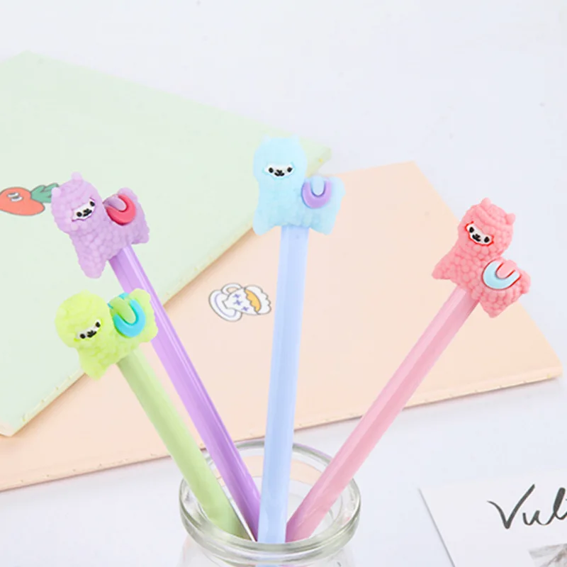 24 PCS Cartoon Creative Plush Alpaca Neutral Pen Cute Young Black Water-based Pen Student Stationery Kawaii School Supplies