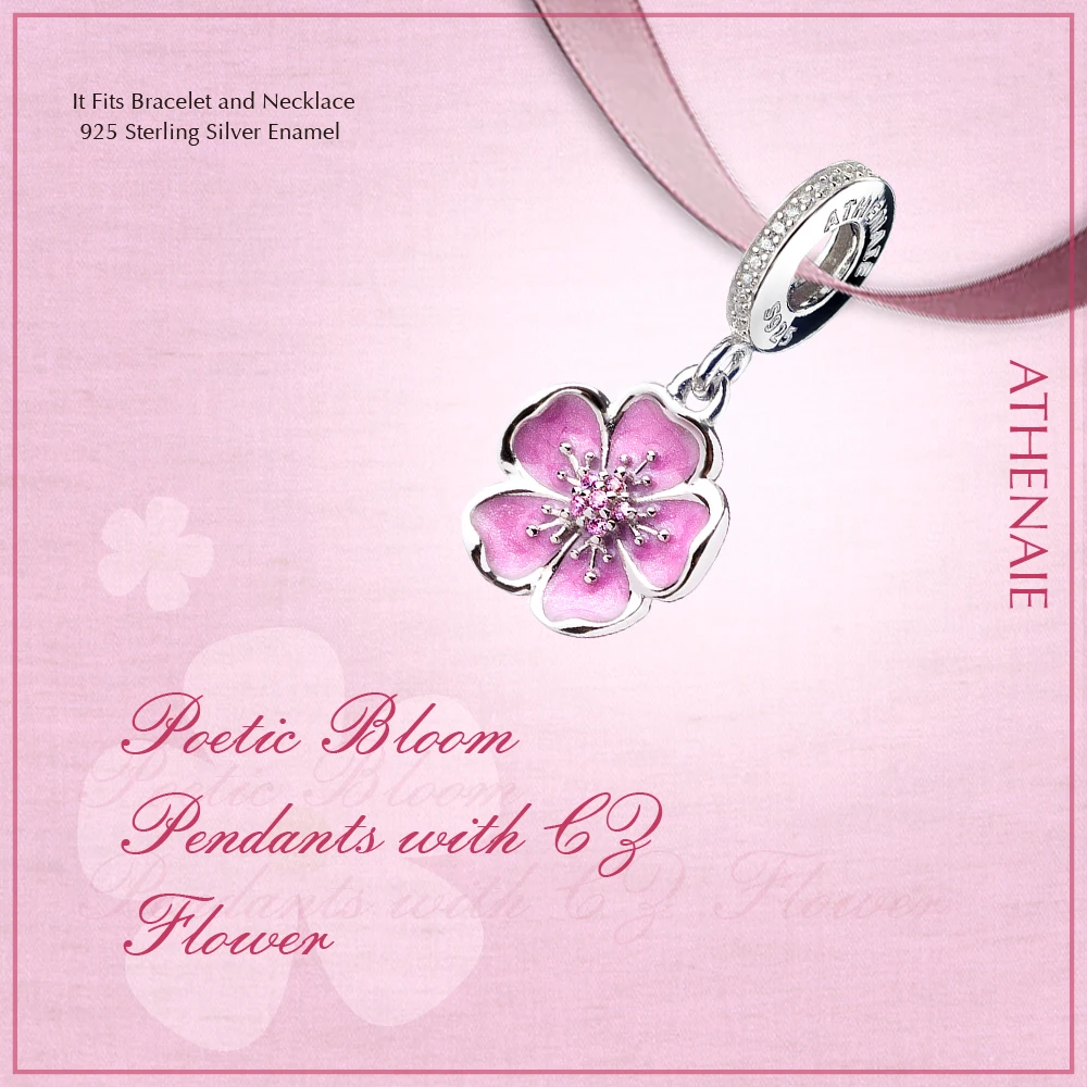 ATHENAIE 925 Sterling Silber Romantische Rosa Emaille Plum Blossom Anhänger mit CZ Birthstone Baumeln Charme Fit Europäischen Armbänder