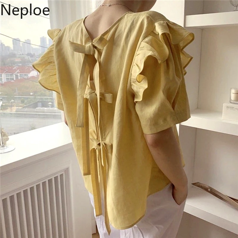 Neploe/корейские летние женские топы, блузка с рюшами, модные, короткий рукав, шнуровка, бандажные женские рубашки, однотонные, желтые, розовые, Femme Blusas