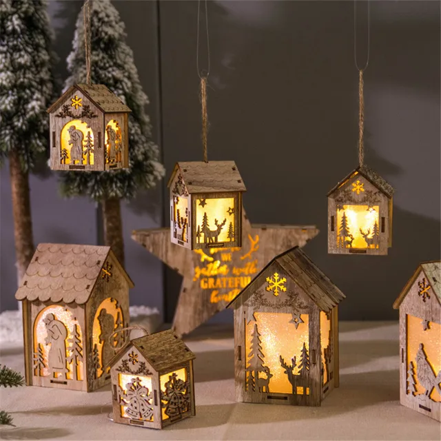 Christmas Tree Ornaments with LED Lights Wood House Pendant for Home Luminous Cabins Gift Wall Hanging Christmas Decor 2