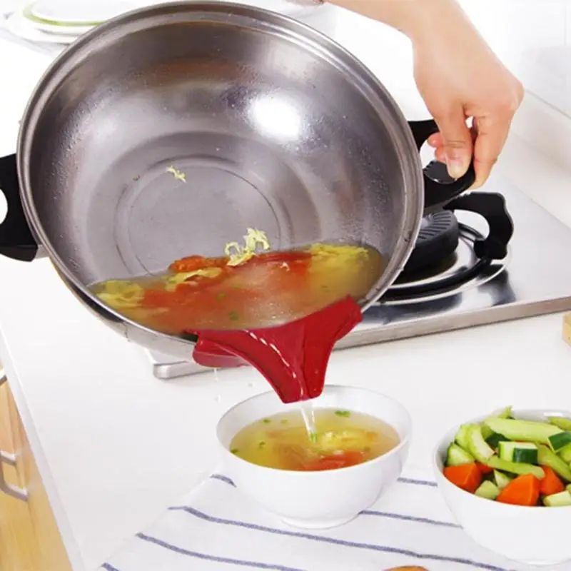 

Silicone Anti-spill Liquid Funnel Pots and Pans Round Rim Deflector Drain Spout Slip On Mess Kitchen Utensils Cooking Tool