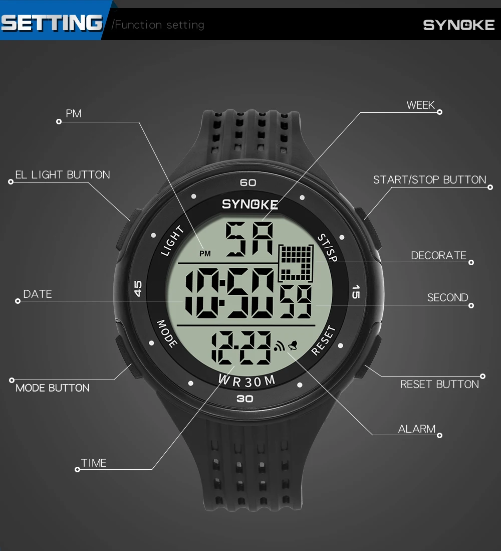 SYNOKE Mens Digital Watches Fahion Sport Fitness Watch G Shock Waterproof Watch Male Clock Watches Man Fashion Stopwatch