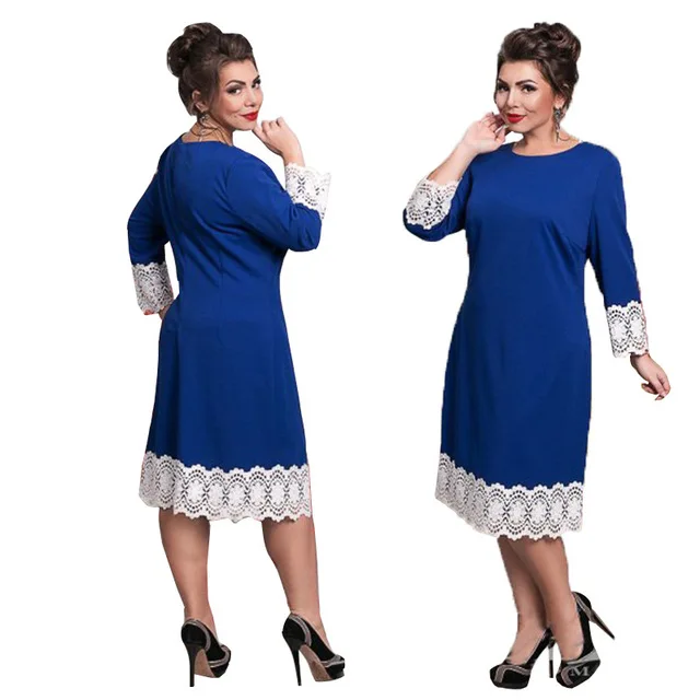 Сари, распродажа, Европейская и американская мода, женская мода, увеличивающая рост, элегантное кружевное осенне-зимнее платье, L-6xl - Цвет: Синий