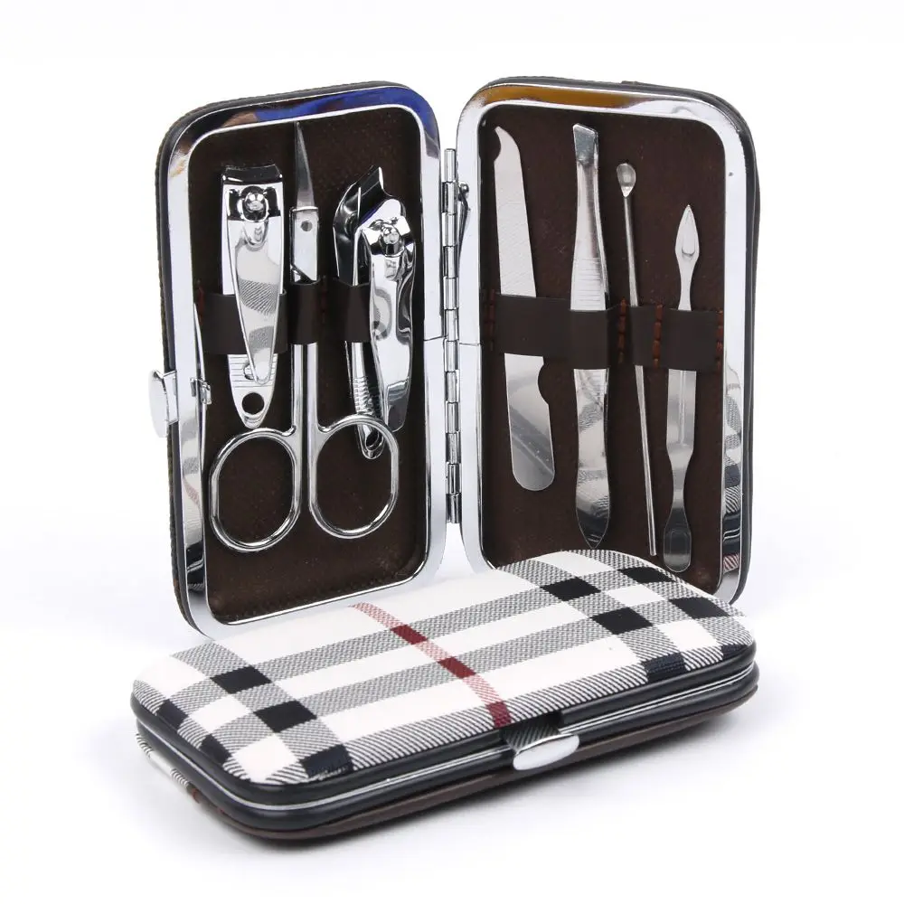 

7pcs/Set Nail Clipper Kit Nail Care Pedicure Scissor/Tweezer/Knife/Ear Pick,Utility Manicure Set Tools+Stone Pattern/grid Case