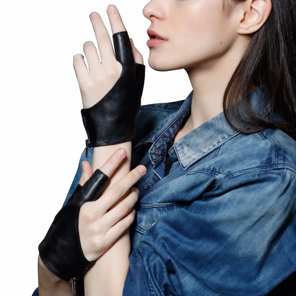 Fioretto նորաձևության ապրանքանիշի կանայք Fingerless կաշվե ձեռնոցներ կես մատով պանկի պարային ձեռնոցներ 2-մատով Opera Grey Black Driving ձեռնոցներ