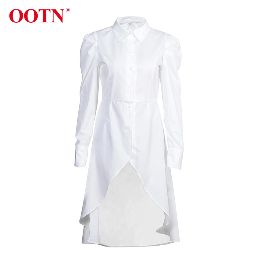 OOTN элегантная женская белая блузка с отложным воротником Асимметричная длинная рубашка осенний топ с пышными рукавами женские офисные рубашки Мода