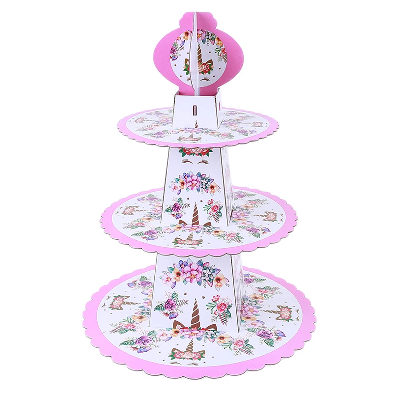 

1set Unicorn 3 Tier Round Paper Foldable Cake Rack Baby Shower Birthday Party Cake Stand Unicorn Party Decors