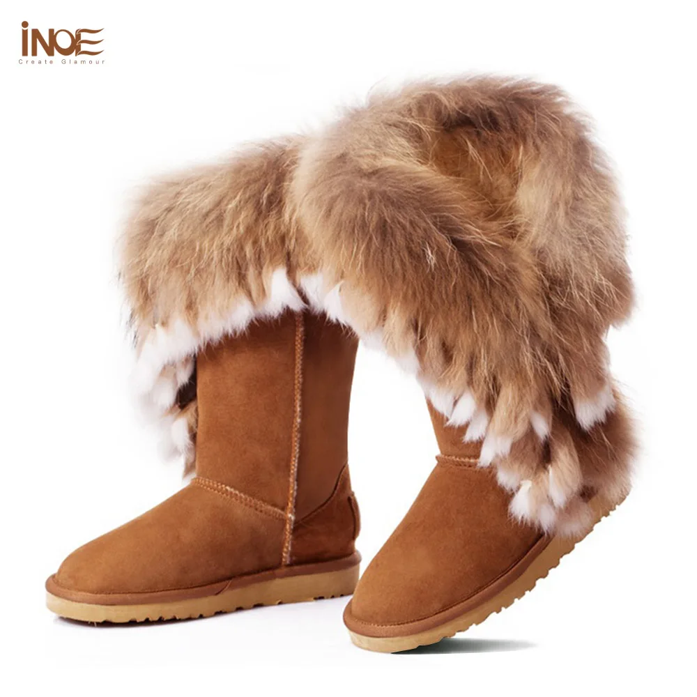 INOE big fashion natural fox fur cow leather lady high snow boots for women winter boots flats shoes rabbit fur tassels edging