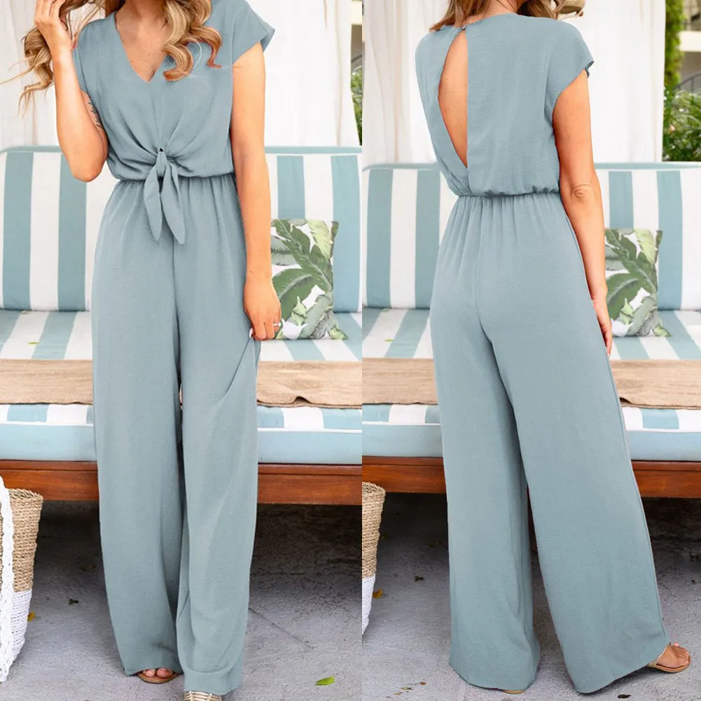 Womens Clubwear Playsuit Bodysuit Party Jumpsuit Romper V Neck Short Sleeve Ladies Casual Simple Chiffon Long Trousers new