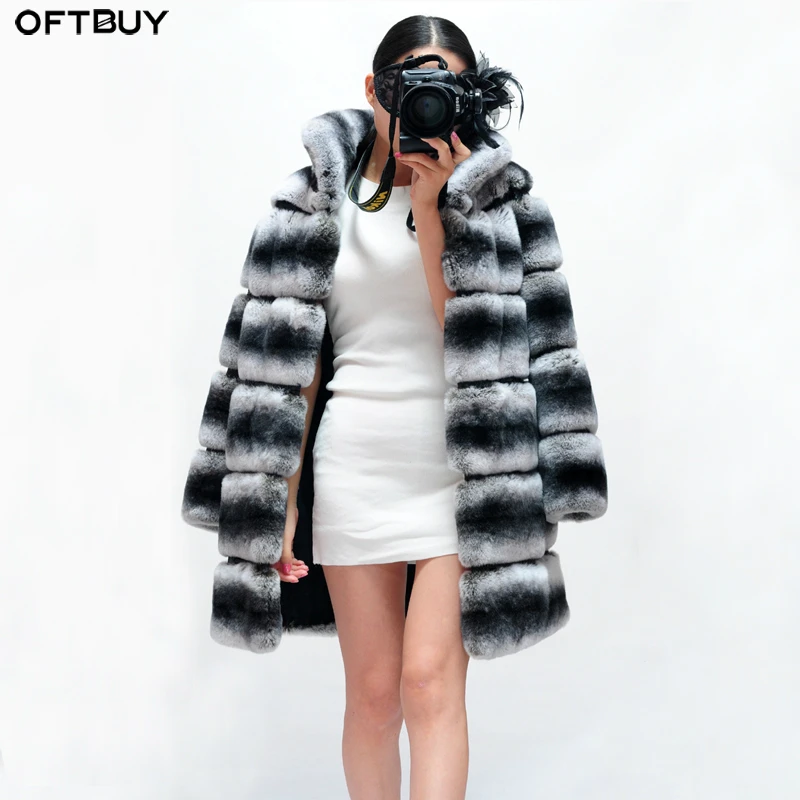 

OFTBUY 2019 Winter Jacket Women Real Fur Coat Natural Rex Rabbit Fur Thick Warm Streetwear Casual Striped Stand Collar Luxury