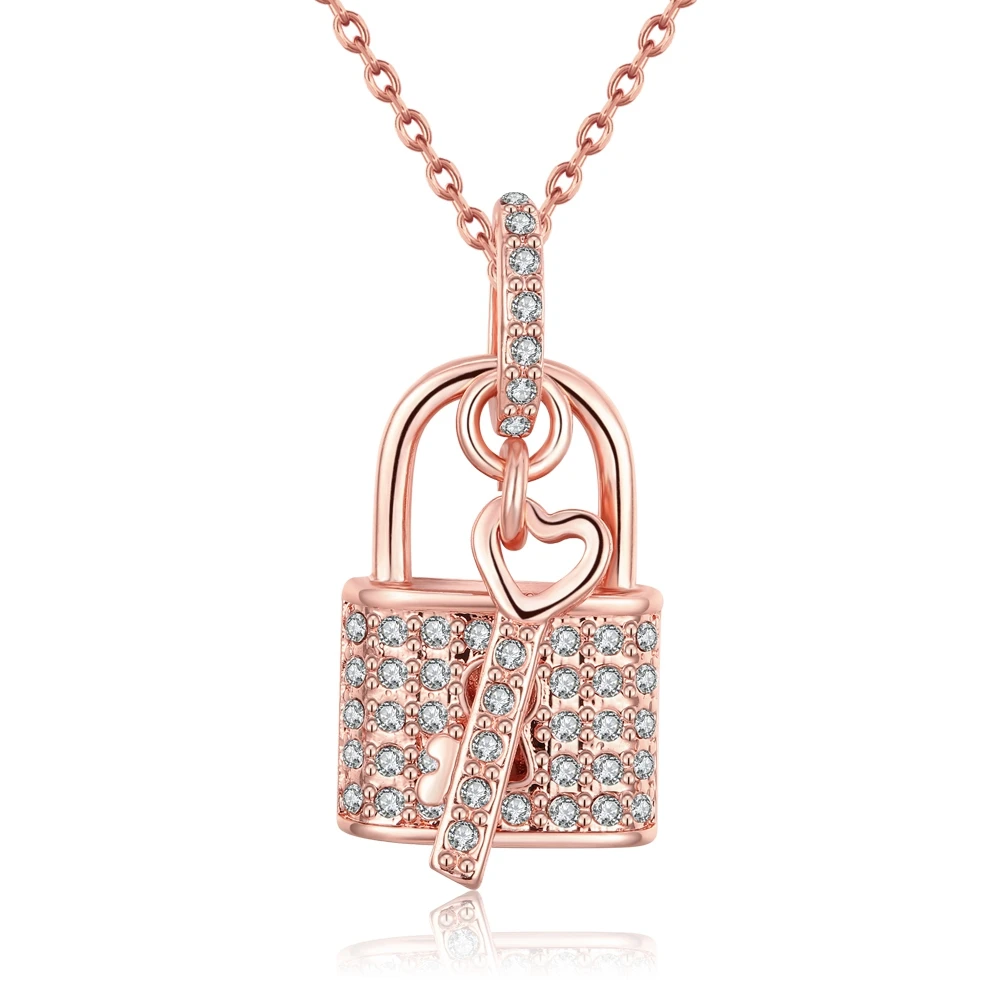 Rose Gold Sweet Love Heart Lock Crystal Pendant Micro Paved Crystal
