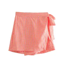 Горячая Распродажа 35-6386 июня Европейская и американская мода розовая клетчатая половина юбка