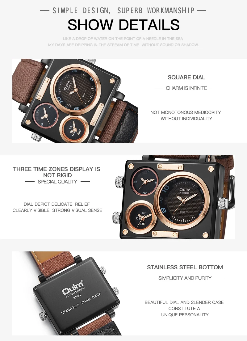 OULM Unique Fashion Quarzt Watch Men Military Sports Oversize 3 Time Zones Rectangle Wrist Watches