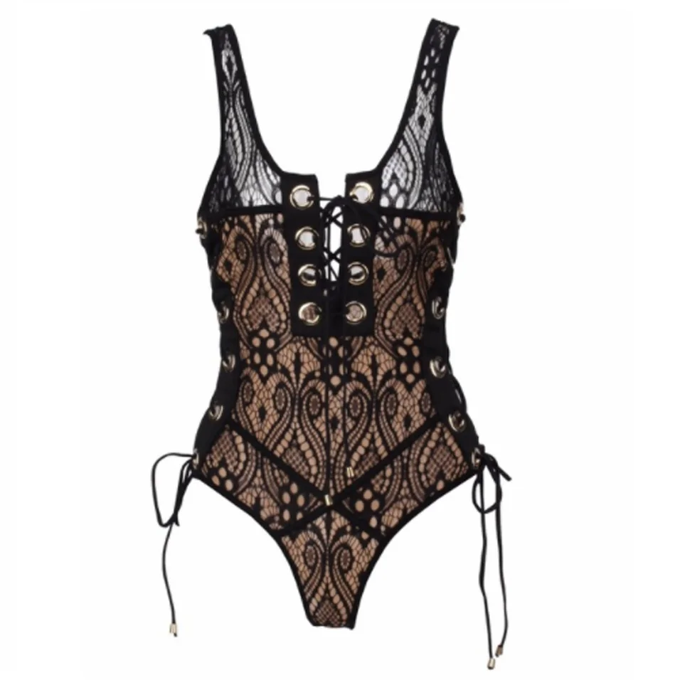 Women Clubwear Sleeveless Bodysuits Vintage Lace Bodycon Party Sexy