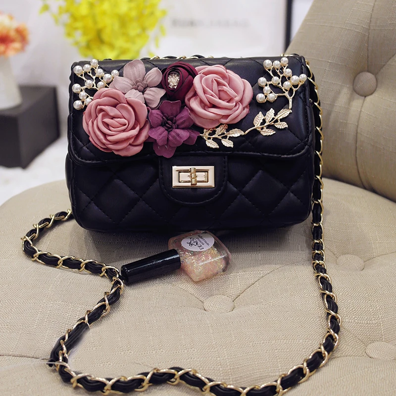 New 2017 Fashion font b Women s b font Chiffon Flower Rhinestone Pearl Chain Handbag Bride