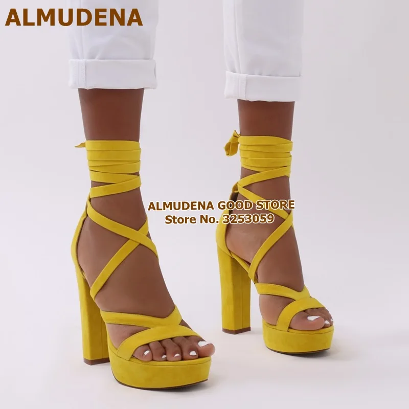 ALMUDENA/высококачественные желтые замшевые сандалии-гладиаторы на платформе и не сужающемся книзу массивном каблуке Банкетная обувь на шнуровке с перекрестными ремешками туфли-лодочки для ночного клуба
