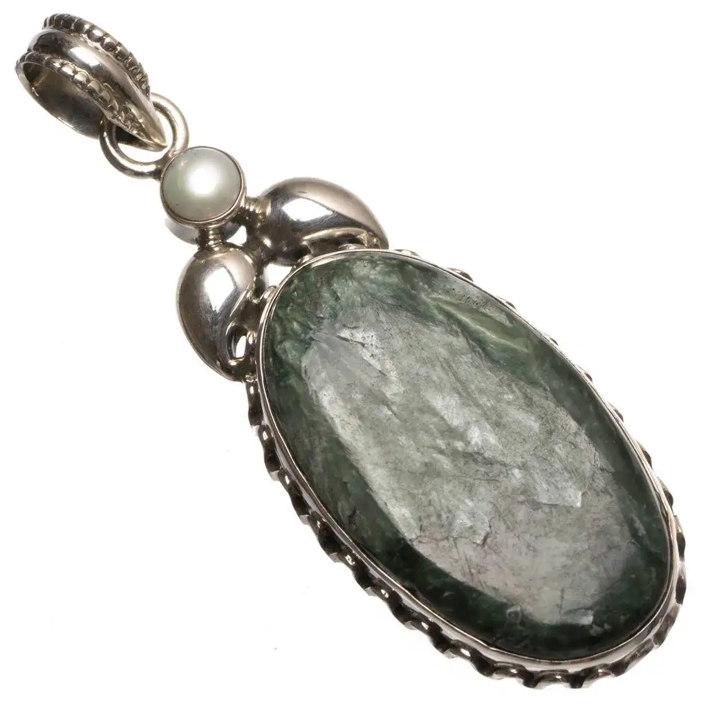 

Natural Russian Seraphinite and River Pearl Vintage 925 Sterling Silver Pendant 2 1/4" T0050