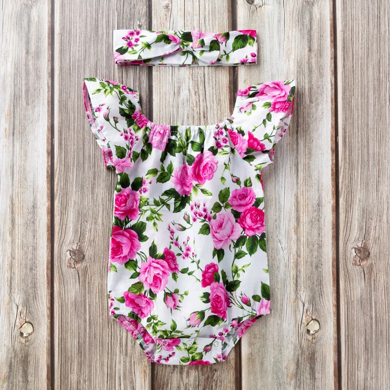 

Cukoe Floral Print Baby Girls Bodysuits Newborn Baby Clothes Baby Overall 1st Birthday with Hairband