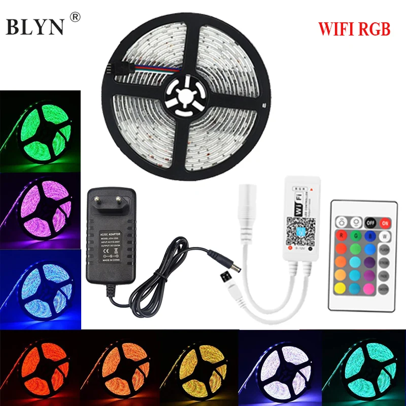 buy 5M WIFI LED Ribbon Music Sync RGB LED Strip 5050 60LED M DC12V Waterproof Diode Tape Light With Bluetooth Remote 3A LED Adapter