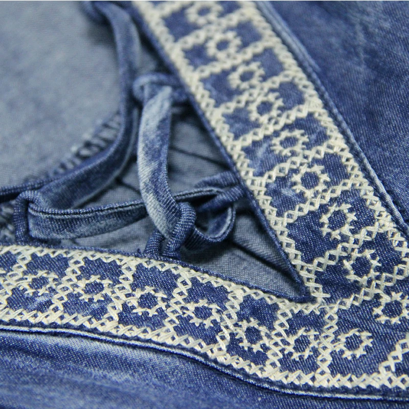 TUHAO три четверти Фонари рукавом v-образным вырезом геометрические платье с вышивкой Для женщин Винтаж джинсовые платья Femme Vestido T82053