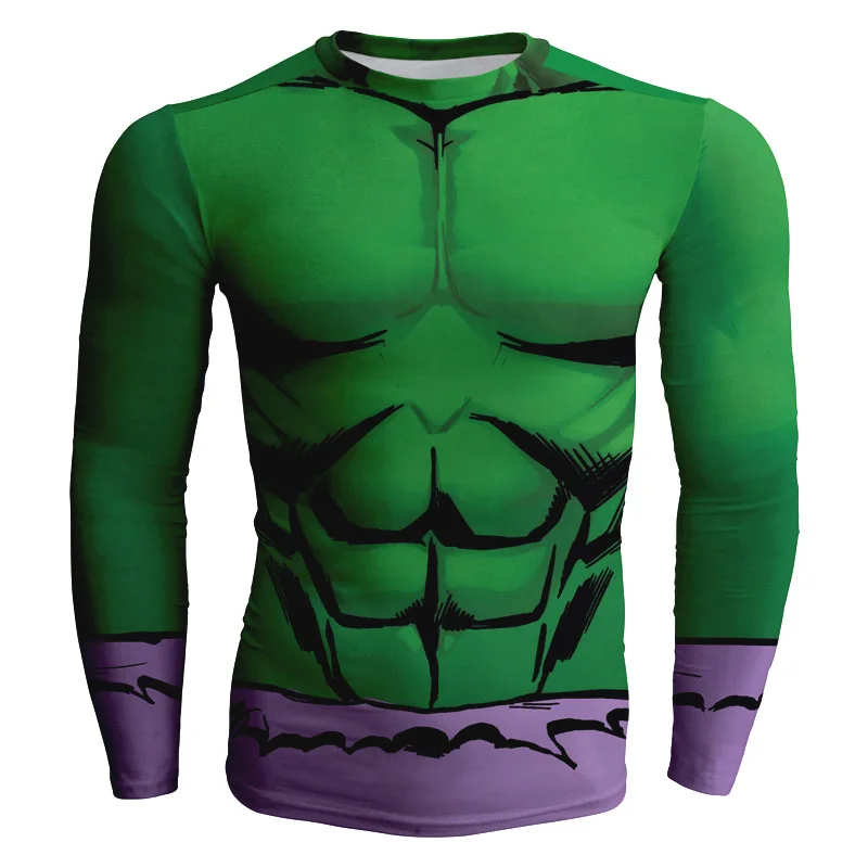 

2017 Summer Hi-Q Quick-dry Slim Fitness Men's T-shirt Long Sleeve Male Tees The Avengers Hulk Green Muscle Superhero Prints