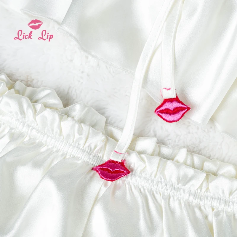Атласные белые пижамы с рюшами для женщин с глубоким v-образным вырезом, женский домашний костюм, женская ночная одежда на тонких бретелях, SWC6859-40