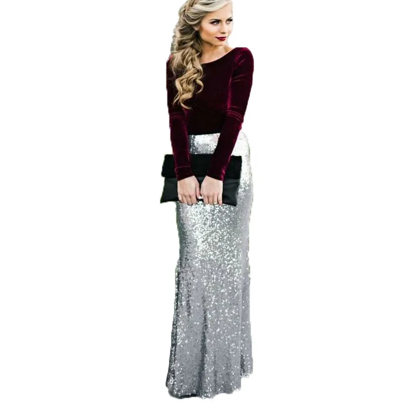 Silver Femme Lentejuelas Falda Sirena Las Para Encargo Maxi Sequin Faldas Alta De Saia Plata Cintura Jupe Largo Glitter Mujeres Por 1TwdB1