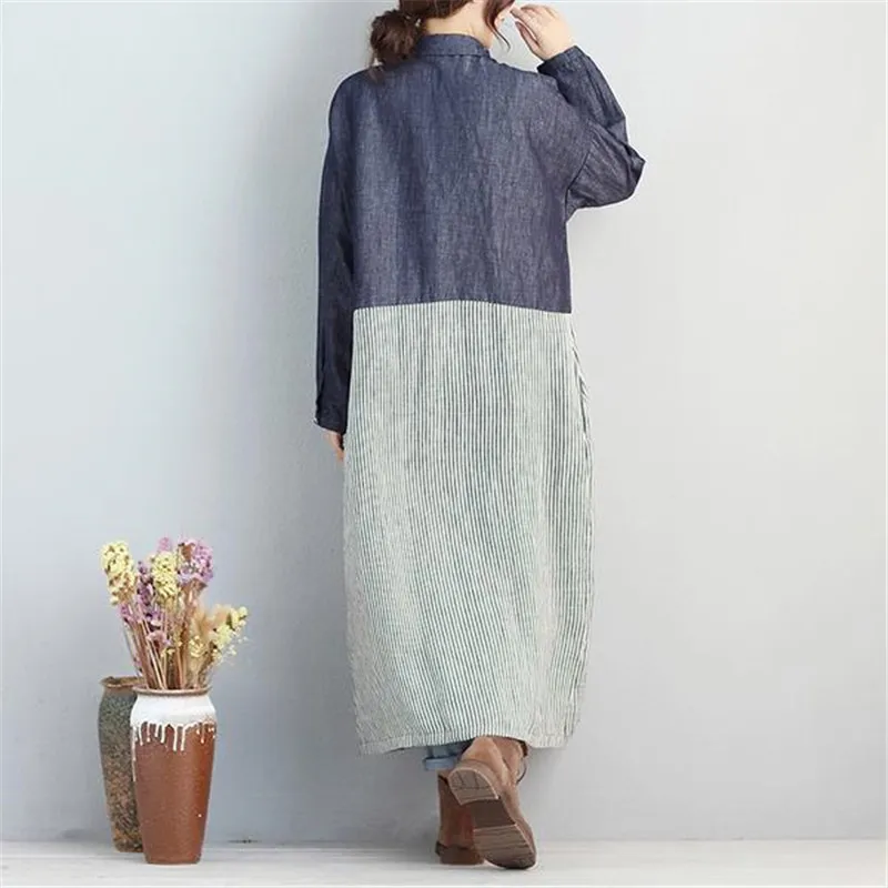 BUYKUD Casual Loose Striped Women Dresses Polo Collar Single Breasted Long Sleeve Pockets Blouse Dress Elegant Office Lady Dress Dresses