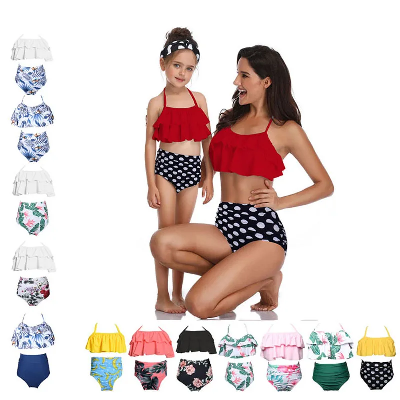 

2019 High Waist Swimwear Women Flash Falbala Ruffle Floral Print Solid Dot Swimsuit for Mom Daughter Red Pink Yellow White blue